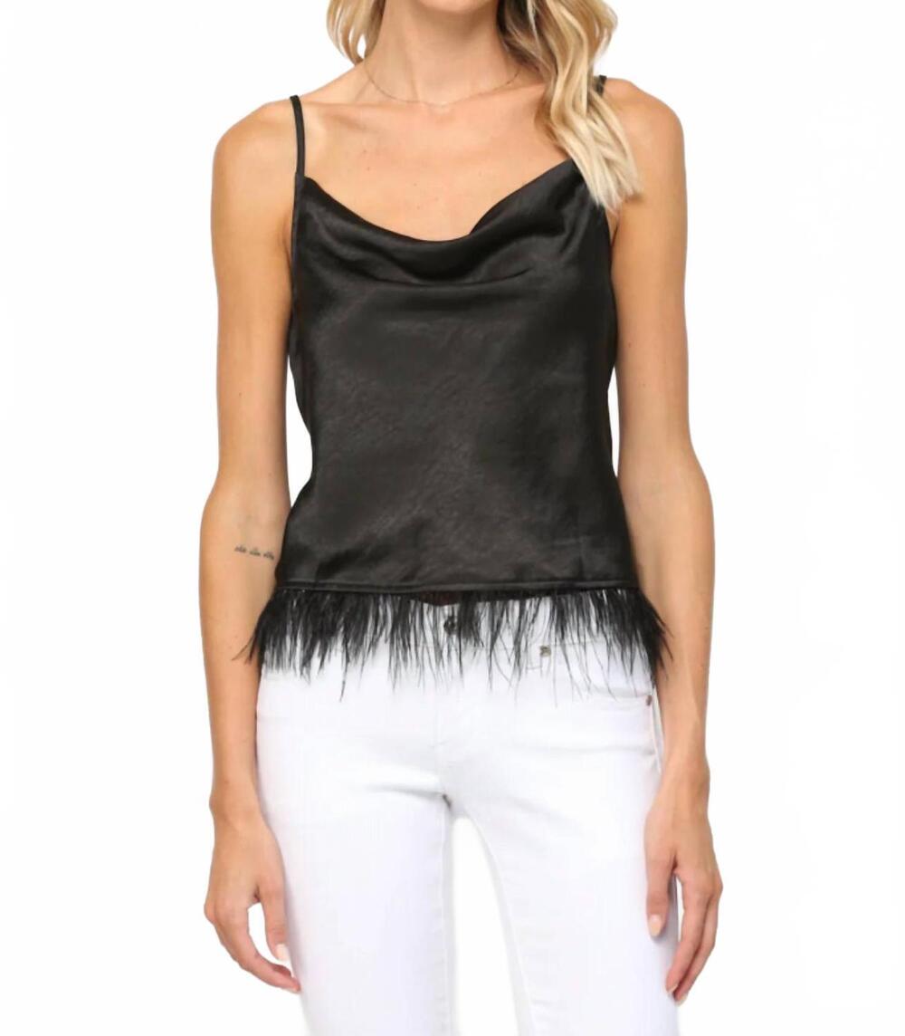 NEW FATE BY LFD leah feather trimmed cowl neck cami in black